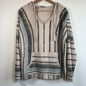 Wild Palms Cotton Hooded Baja Striped Pullover Sweatshirt Pocket Beige Size M